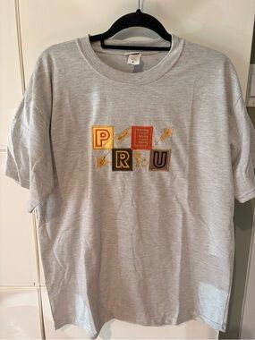 Gray 'PERU' Embroidered Tee with Colorblock Lettering